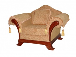 Křeslo potažené látkou, zdobné třásně a tvary nohou, kostra dřevěná