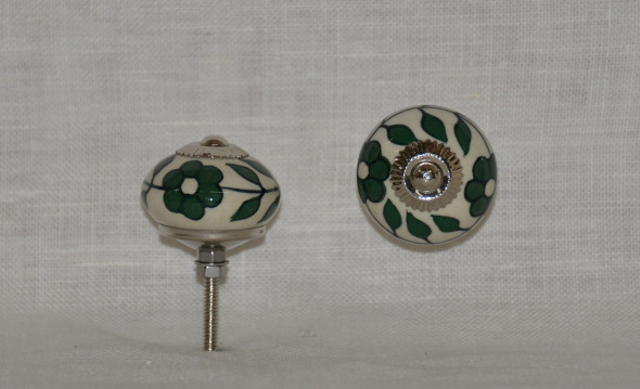 Porcelánová úchytka, zelená květina, průměr 40mm