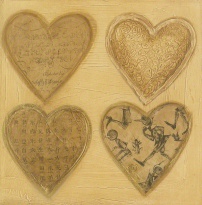 Obrázek 14x14, čtyři srdce - pinocchio, rám sv. dub - červotoč