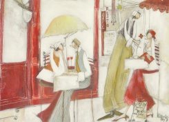 Obrázek 13x18, postavy v kavárně, rám sv. dub - červotoč