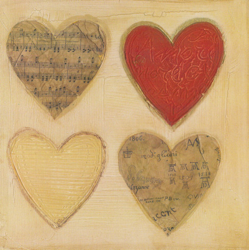 Obrázek 14x14, čtyři srdce - červené, rám bílý s patinou