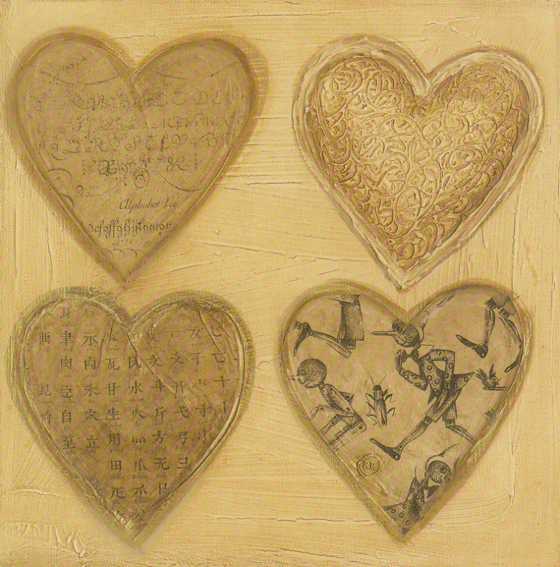 Obrázek 14x14, čtyři srdce - pinocchio, rám bílý s patinou