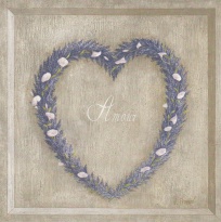 Obrázek 14x14, modré srdce levandule, rám bílý s patinou