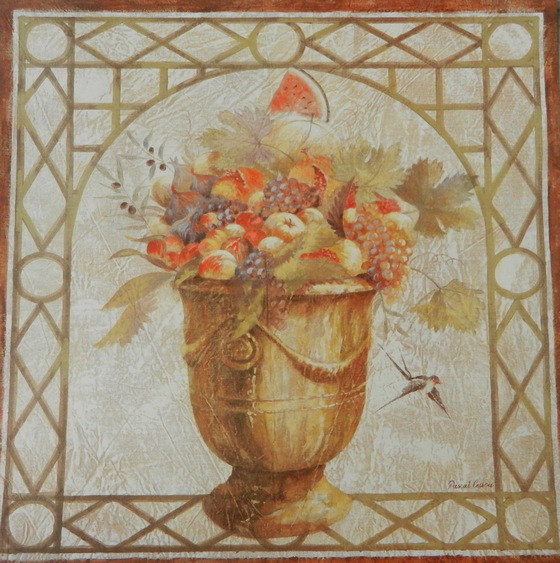 Obrázek 50x50, váza s ovocem, rám sv. dub - červotoč
