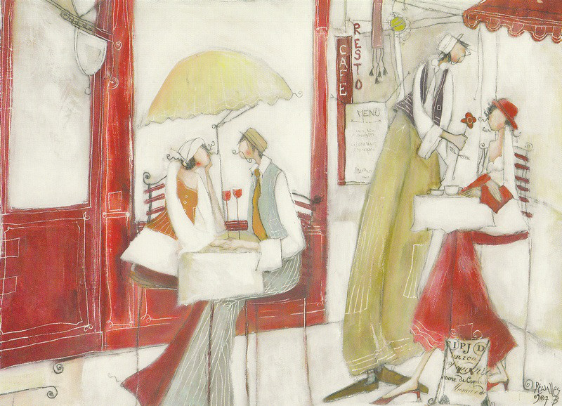 Obrázek 13x18, postavy v kavárně, rám bílý s patinou