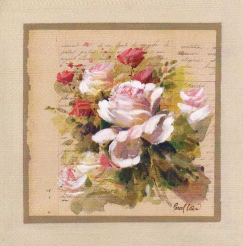 Obrázek 30x30, kytice růžových růží, rám bílý s patinou