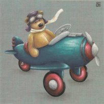Obrázek 20x20, medvěd v modrém letadle, rám bílý s patinou