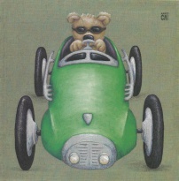 Obrázek 20x20, medvěd v zeleném autíčku, rám bílý s patinou