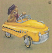 Obrázek 20x20, medvěd v žlutém autíčku, rám bílý s patinou