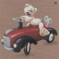 Obrázek 20x20, medvěd v červeném autíčku, rám bílý s patinou