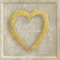 Obrázek 50x50, žluté srdce pšenice, rám bílý s patinou