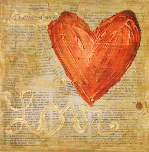 Obrázek 30x30, srdce love, rám bílý s patinou