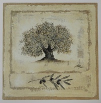 Obrázek 33x33, větvička olivy / olivovník II., rám sv.dub - červotoč