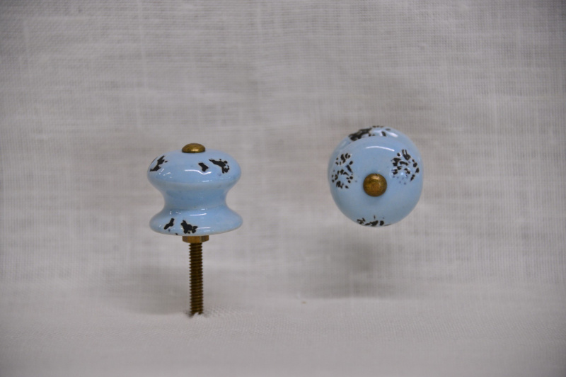 Porcelánová úchytka, modrá s patinou, průměr 30mm