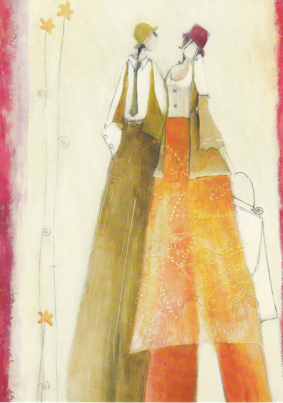 Obrázek 13x18, dvě postavy I., rám bílý s patinou