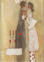 Obrázek 13x18, postavy pusinky, červená, rám sv. dub - červotoč