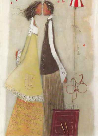 Obrázek 13x18, postavy pusinky, žluté, rám bílý s patinou