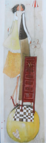 Obrázek 20x60, postavy pusinky, žlutá, rám sv. dub - červotoč