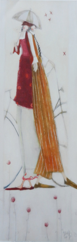 Obrázek 20x60, dvě postavy pod deštníkem, rám sv. dub červotoč