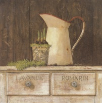 Obrázek 18x18, sv. komoda & cibuloviny, rám bílý s patinou