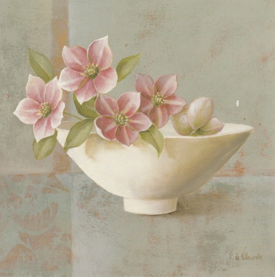 Obrázek 18x18, růžové květy v misce, rám bílý s patinou