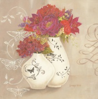 Obrázek 18x18, květiny ve váze & motýl, rám bílý s patinou