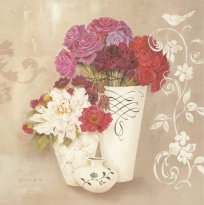 Obrázek 18x18, květiny ve váze & ornament, rám bílý s patinou