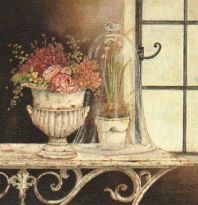 Obrázek 40x40, květiny & okno, rám sv. dub - červotoč