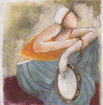 Obrázek 30x30, postava s tamburínou, rám bílý s patinou