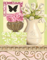 Obrázek 24x30, zatiší motýl & květiny, rám  bílý s patinou