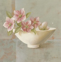 Obrázek 18x18, růžové květy v misce, rám sv. dub - červotoč
