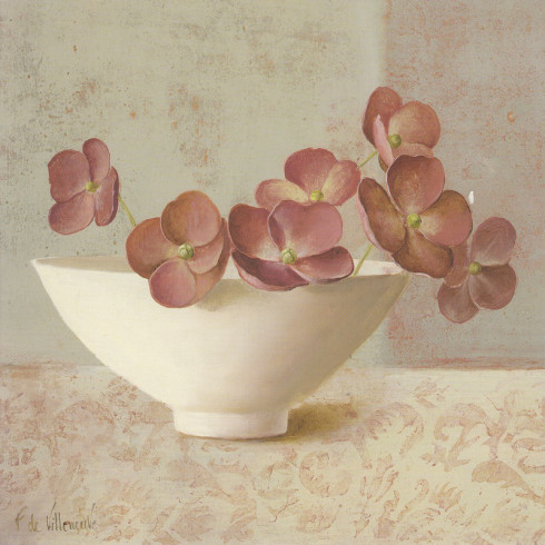 Obrázek 18x18, červené květy v misce, rám sv. dub - červotoč