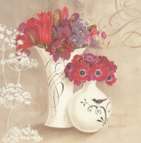 Obrázek 18x18, květiny ve váze & ptáček, rám bílý s patinou