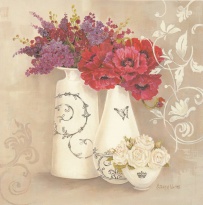 Obrázek 18x18, květiny ve váze & koruna, rám bílý s patinou