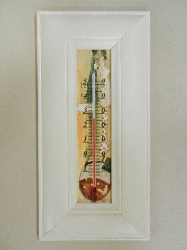 Teploměr, postavy, rám bílý s patinou