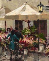 Obrázek 40x50, stánek s květinami, rám sv. dub - červotoč