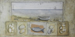 Obrázek 30x60, ryba & loď, rám bílý s patinou