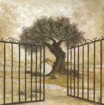 Obrázek 70x70, brána & olivovník, rám sv. dub - červotoč