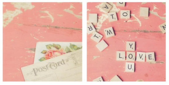 Set obrázků 18x18, pohlednice & love, rám bílý s patinou