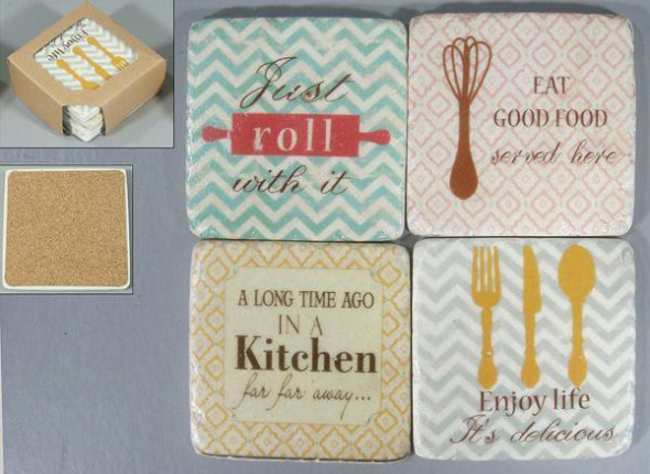 Kamenné podložky pod hrnky Retro - set 4 ks