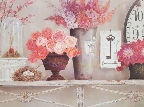 Obrázek 17x22, zátiší hodiny & květiny, rám sv. dub - červotoč
