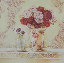 Obrázek 30x30, zátiší růže & květinová tapeta I., rám bílý s patinou