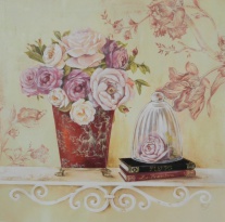 Obrázek 30x30, zátiší růže & květinová tapeta II., rám bílý s patinou