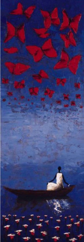 Obrázek 33x95, loďka na modrém pozadí II., rám bílý s patinou