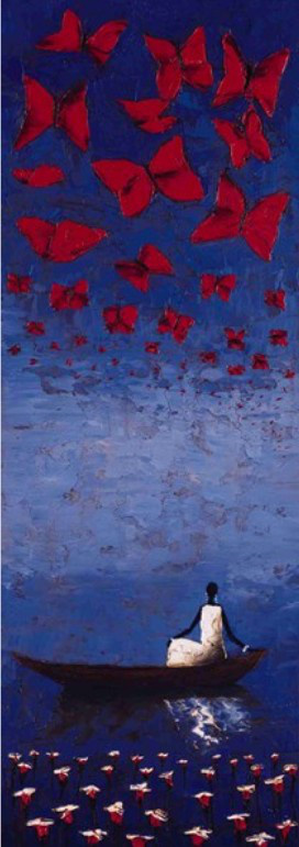 Obrázek 33x95, loďka na modrém pozadí II., rám bílý s patinou