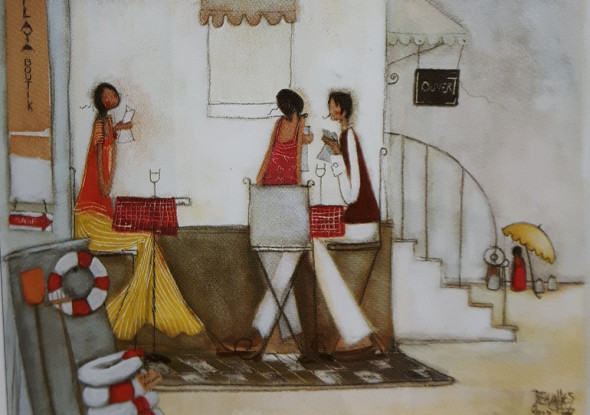 Obrázek 30x40, ženy v baru, rám bílý s patinou