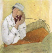 Obrazek 14x14, postava muže s dítětem, rám sv. dub - červotoč
