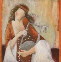 Obrázek 14x14, postava s lyrou, rám sv. dub - červotoč