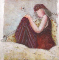 Obrázek 14x14, postava na posteli, rám sv. dub - červotoč