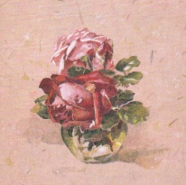 Obrázek 20x20, rudá  a růžová růže ve skleničce, rám sv. dub - červotoč